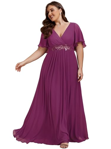 Image of Ever-Pretty Short Sleeves V Neck Plus Size Formal Dresses for Curvy Women Chiffon Mother of The Bride Dress Evening Gowns
