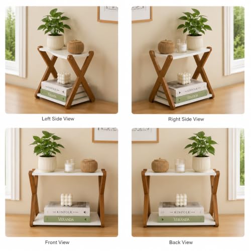 Image of 2-Tier Side Table with X-Frame Wooden Legs, White and Brown