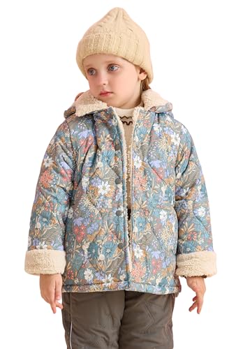 Image of SOLOCOTE Little Girls Winter Lightweight Jacket Floral Sherpa Lining Quilted Coat