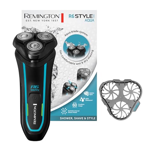 Remington Rasierer Herren Elektrisch R6 Aqua (Nass- & Trocken- Rasierapparat, 100% Wasserdicht, ausklappbarer Detail- & Langhaarschneider, 60 Min Lithium Akku,USB Ladefunktion) Rotationsrasierer R6000
