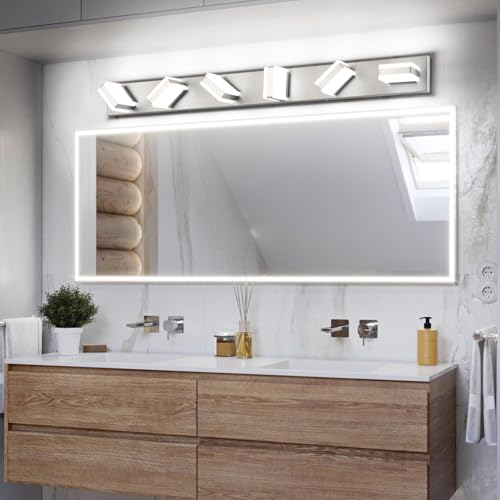 Image of SOLFART LED Modern Bathroom Vanity Lights Over Mirror, Brushed Nickel Vanity Light Fixture 6 Light, LED Nickel Bathroom Lights Cool Light 6000K