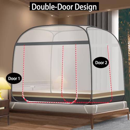 Image of CMINGJ Mosquito Net for Bed, Portable pop up Mosquito Netting with Bottom, Free Installation-Suitable for Bedroom, Camping, Folding Portable Design for Baby Adults (Gray & Gray Bottom Edge)
