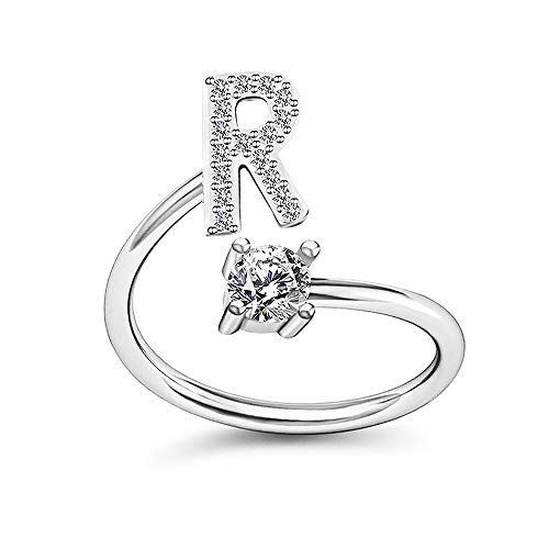 Image of HUJUON Silver Initial Letter Ring for Women. Adjustable Crystal Alphabet Ring,Name Initials Stackable Knuckle Rings A-Z CZ Open Ring