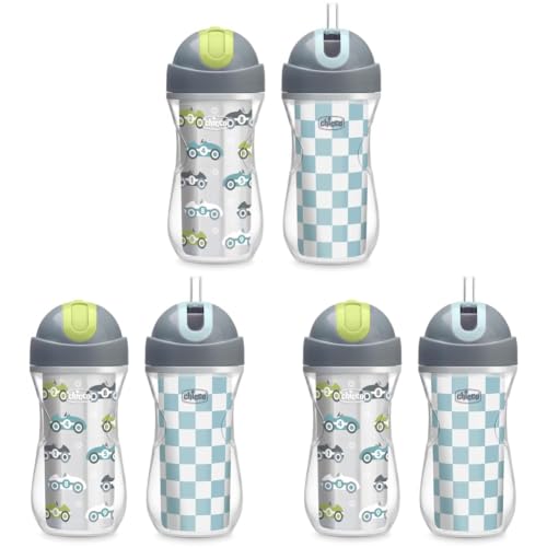 Image of Chicco Insulated Straw Sippy Cup 12+ Months, 9oz Toddler Training Cup with Spill-Free Flip-Top Lid, BPA-Free 6-Pack, Cars /Checkers