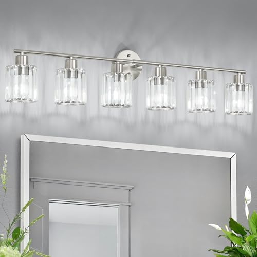 Image of Modern Brushed Nickel Crystal Bathroom Light Fixtures,6-Light | Bathroom Lighting Fixtures over Mirror,Vanity Lights for Mirror, Restroom(Ceramic E26 Socket,Bulbs Not Include)