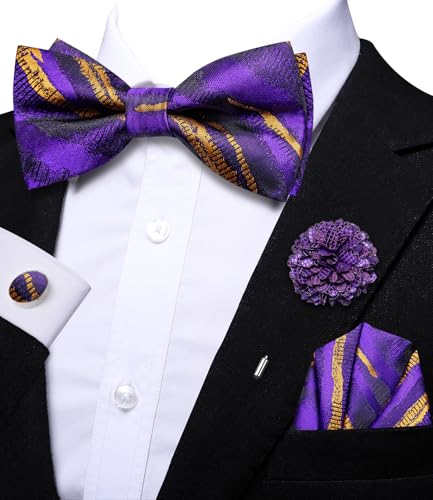 Image of Hi-Tie Bow Ties for Men Pre-Tied Pocket Square with Cufflinks Mens Bowtie Sets for Wedding Formal Party