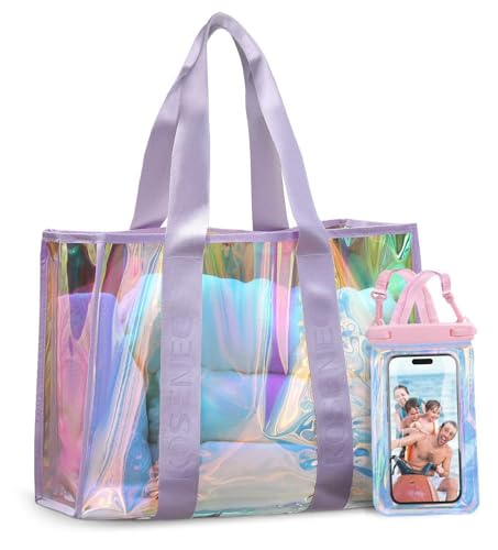 KOSENEC Beach Bags for Women, 30L Large Iridescent Clear Tote Bag, Sandproof, Tip-Proof, Foldable & Widen Strap Beach Tote Bag + Waterproof Phone Pouch - Travel Essentials for Pool, Cruise, Vacation