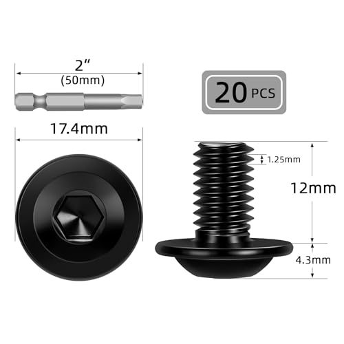 Image of M8-1.25 x 12mm 20 PCS Flanged Button Head Socket Cap Bolts Screws, Stainless Steel 304, Allen Socket Drive, Screwdriver Bit Included, Black Finish, Fully Machine Thread