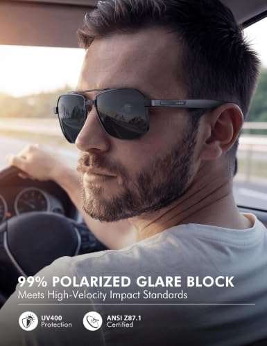 Image of Luenx Aviator Polarized Sunglasses for Men: Square UV400 Driving | Big Head Fit,Adjustable Nose Pads,Lightweight,Anti-slip,Impact-resistant,Scratch-Resistant,Glare Reduction,Gift-Ready Set