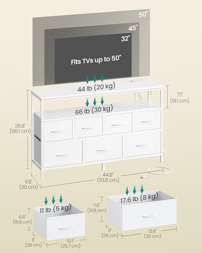 Image of SONGMICS BELLAH Collection - Dresser for Bedroom with App-Controlled LED Lights and Charging Station, Chest of Drawers, TV Stand, 7 Drawers, Shelf, Modern, Cloud White ULGS733WH05S