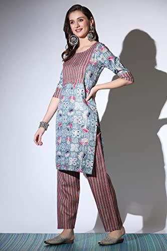Image of DHRUVI TRENDZ Women's Cotton Blend Fancy Kurta Set | Regular Fit Kurti Sets for Woman | Floral Printed Kurta Sets for Woman Daily Outfits | Cotton Ethnic Traditional Straight Kurti Set for Office