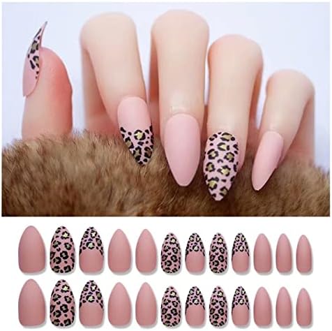 Press on Nails Short Pink False Nails Almond Nails Short Acrylic Nails Shiny Pink Black Leopard Print Design for Women and Girls 24PCS