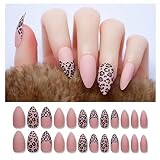 Press on Nails Short Pink False Nails Almond Nails Short Acrylic Nails Shiny Pink Black Leopard Prin