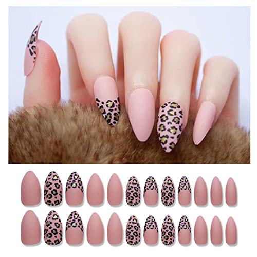 Press On Nails Short Pink False Nails Almond Nails Short Acrylic Nails Shiny Pink Black Leopard Print Design For Women And Girls 24Pcs #TOP2