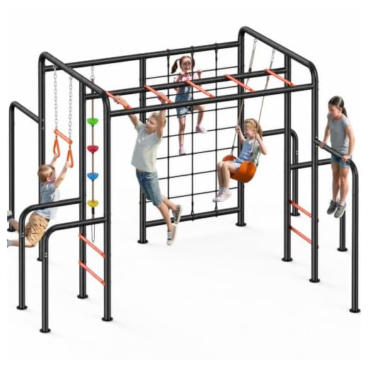 Hapfan Outdoor Jungle Gym with Monkey Bars Frame, 5-in-1 550lbs Heavy-Duty Metal Swing Sets for Backyard with Climbing Net & Rope, Trapeze Swing Bar, Belt Swing, Gymnastics Bars, Kids Playground Set