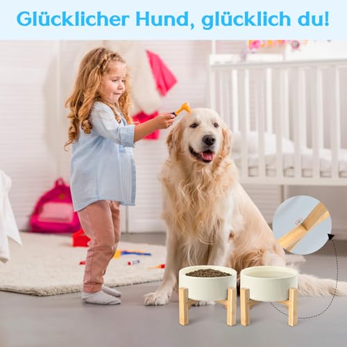 SPUNKYJUNKY Hundenapf Keramik Erhöhter Futternapf Set mit Bambus Ständer für Katzen und Hunde (400ml, Beige)
