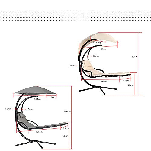 Outdoor Hanging Curved Steel Chaise Lounge Chair Swing,For Backyard, Patio, Weather-Resistant Pillow,Removable Canopy Shade, Steel Stand,Gray #TOP6