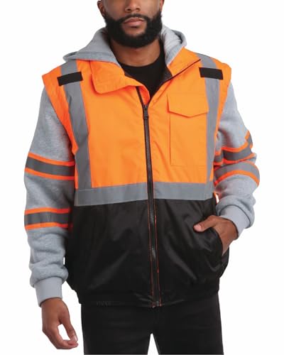 Bass Creek Outfitters Men's Safety Jacket - Hooded Two-Fer Workwear Vest with Reflective Tape & Fleece Sleeves (Sizes: M-XXL)