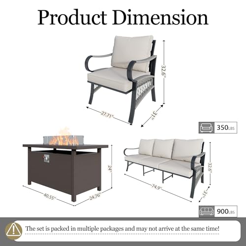 Image of 4-Piece Outdoor Furniture Set, Patio Conversation Set Include 3-Seater Sofa Couch Single Chairs with Fire Pit Table for Deck, Porch, Garden, Backyard, Poolside (Beige Cushions)
