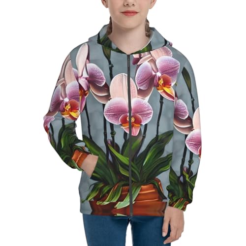 X-Large Blooming Orchids Print Girls Athletic Zip Up Hoodies,Sweatshirts with Pockets Long Sleeve Hooded Jackets, for 7-18 Y Black2