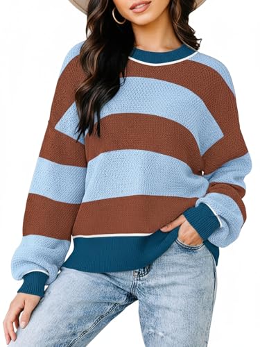 Image of Womens Sweaters Fall Fashion 2026 Color Block Oversized Pullover Knit Tops