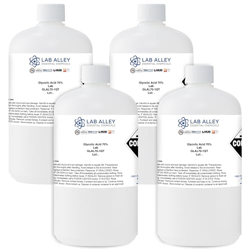 Lab Alley Glycolic Acid 70% Solution, Lab Grade, Ideal for Skin Care Routines - 1 Gallon Total (Pack of 4 x 1 Quart Bottles)