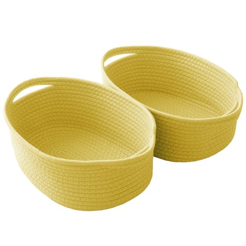 Image of JMvicyroam Small Woven Basket, Empty Gift Basket, Yellow /2 Pack | Small Gift Basket, Cotton Rope, 12 x 8 x 40 in, Handles, Includes Ribbon and Bag, Birthday Gift Basket