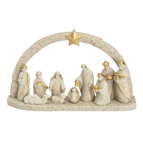 ChuangJie Christmas Nativity Scene Set Resin Manger Figurines with Arch Gold Accents 11-Piece Holiday Decor Gift