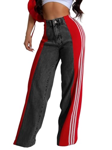 KANSOON Womens Jeans High Waisted Patchwork Side Stripes Color Block Stretchy Wide Leg Straight Trendy Denim Pants