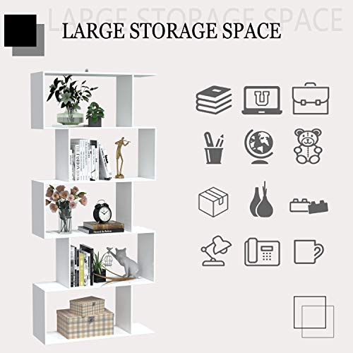 Yusong 5-Tier Geometric Bookcase,S Shaped Bookshelf Wood Decorative Storage Shelving, Modern Freestanding Display Shelves Tall Book Shelf Unit For Living Room Bedroom, White #TOP6