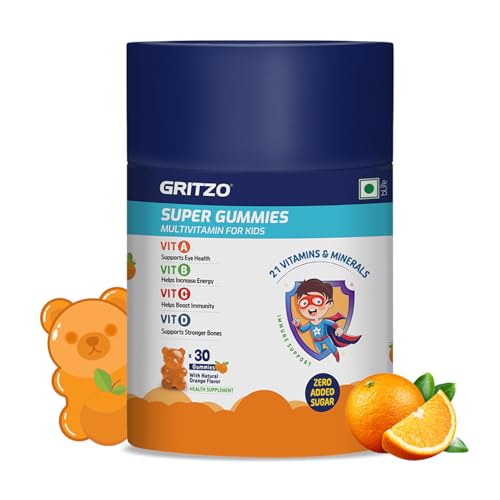Image of Gritzo Super Gummies, Multivitamin for Kids (Natural Orange Flavour, 30 Gummies) | Zero Added Sugar, 21 Vitamins & Minerals