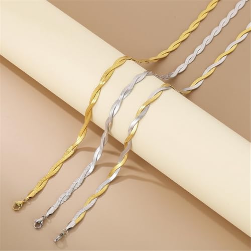 HIJONES Braided Flat Snake Chain Stainless Steel Necklace Bracelet for Men Women Herringbone Layered Collarbone Finesse Chain Jewelry2