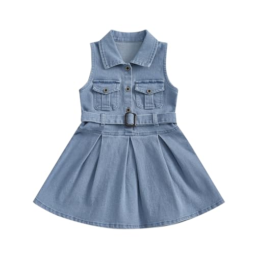 Toddler Girls Denim Dress Sleeveless Collared Neck Jean Shirt Dress Little Girl Dresses with Belt