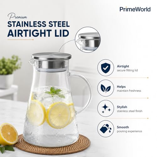 Image of PrimeWorld 1 pc 1.8 Litre Borosilicate Glass jug with Lid Stainless Stell Air Tight Water Pitchers with Handle for Fridge,Carafe for Hot /Cold Drink,Iced Tea, Coffee,Juice,Milk,Beverage-Microwave Safe