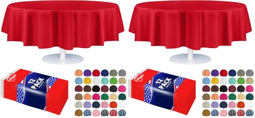 Image of Grandipity 24 Pack Premium Disposable Plastic Tablecloth 84 inch Inch Decorative Round Table Cover - Red