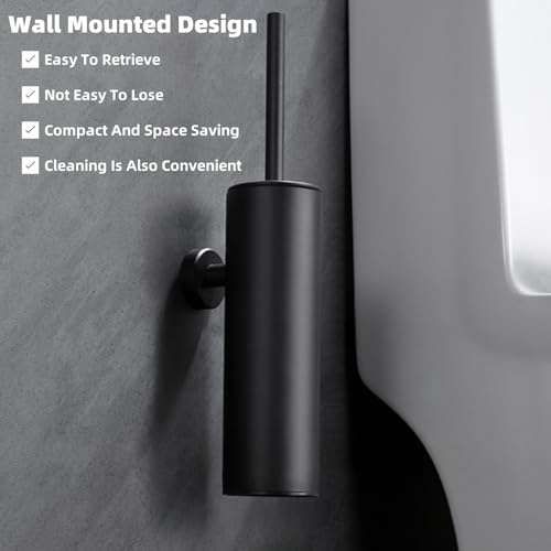 Image of Wall Mounted Brush,Round Toilet Brush with Metal Handle Holder,304 Stainless Steel Toilet Bowl Brush and Holder Set for Toilet and Bathroom Cleaning (Matt Black)