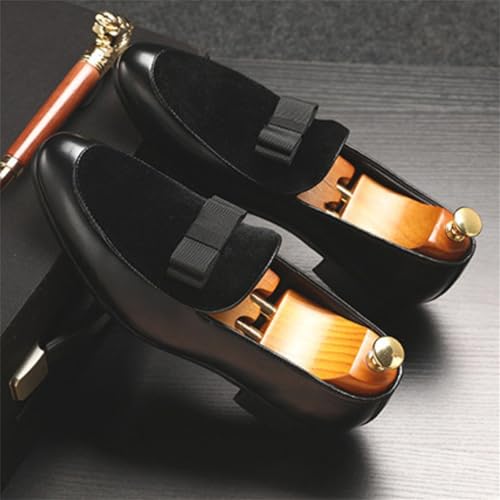 Mens Suede Leather Bowtie Slip On Dress Loafers Retro Two Tone Tuxedo Penny Shoes for Formal Business Dress Wedding3