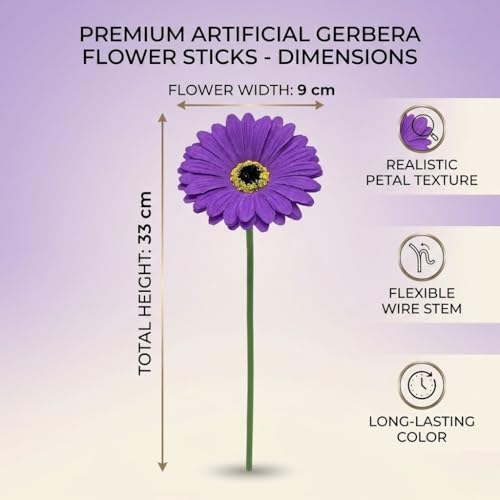 Image of Artificial Gerbera Flower Sticks (Pack of 5) for Home Decor | Realistic Faux Flowers for Vases | Wedding, Office, Living Room & Party Decoration | Long-Lasting, Washable & Reusable (Violet)
