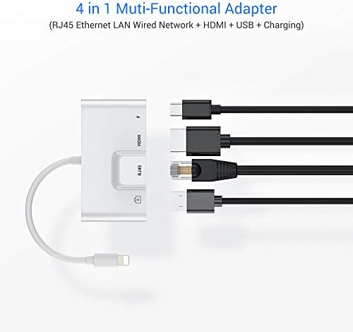 DATASTREAM RJ45 Ethernet LAN Wired Network Adapter, 4 in1 Ethernet Adaptor 1080P Digital AV HDMI Adapter, OTG USB Camera Reader Cable with PD Compatible with Phone13/12/11/XS/XR/X/8/7/Pad/Pod