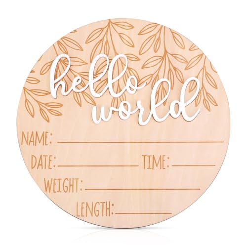 Birth Announcement Sign, Wooden Hello World Newborn Sign Welcome New Baby Announcement Plaque Newborn Baby Name Board for Photo Props Baby Shower Hospital Nursery
