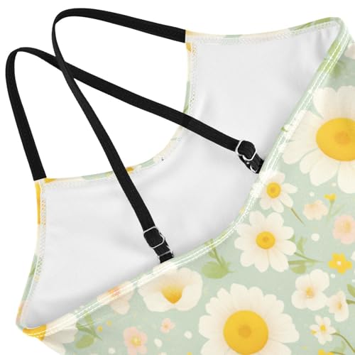 KLL Polka Dots and Tender Chamomile Flowers Cartoon Girls' 1-Piece Swim Suit Beach Swimwear Adjustable Shoulder Strap Quick4
