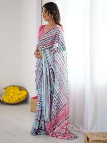 Image of Satrani Women's Georgette Printed & Mirror Work Saree with Unstitched Blouse Piece