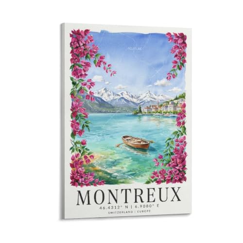 Poster Montreux aquarelle vintage : tableau panoramique 50x70 cm décor de chambre