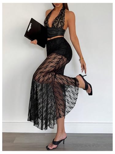 Verdusa Women's Floral Lace Sheer Elegant Skirt Vintage High Waist Maxi Party Skirts4