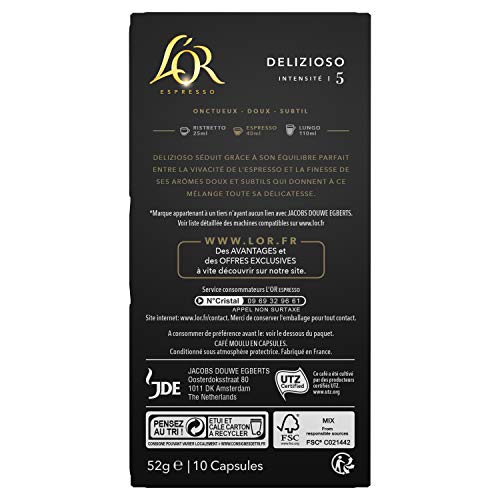 L'Or Espresso Café Delizioso - Intensité 5 - 10 Capsules en Aluminium Compatibles avec les Machines Nespresso®*