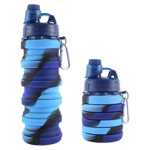 MAKERSLAND Collapsible Water Bottles,Travel Water Bottle,Portable Hiking Cool Water Bottle for Kids with Cover and Strap for Camping,Reuseable BPA Free Silicone Water Bottles,Ocean Blue