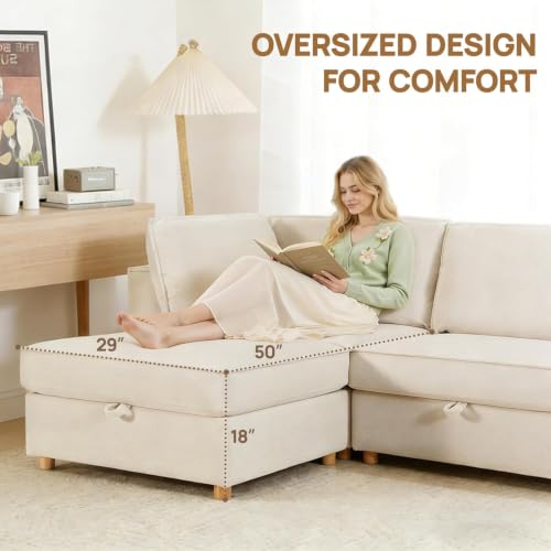 Image of 128 inch Chenille Modular Sofa Bed with Washable Covers & Storage, 8-Seater Modular Sectional Sleeper Sofa Bed with Movable Ottoman Chaise, Convertible Sleeper Sectional Couches for Living Room, Orange