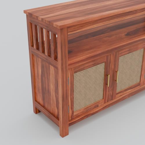 Image of Solid Sheesham Wood Sideboard for Living Room with Cane Doors | 3-Door Storage Unit with Open Shelf | Buffet Cabinet for Dining Room, Entryway & Hallway | Honey Finish | 140 x 40 x 82 cm
