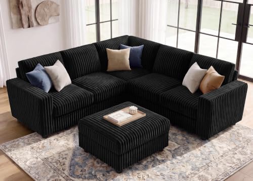 Image of HONBAY Corduroy Sectional Sofa with Ottoman, 6 Seat L Shaped Couch, Black