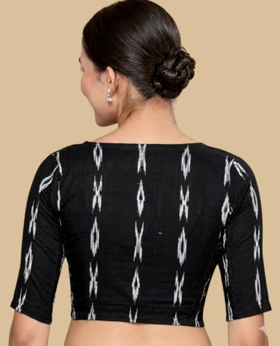 Image of Studio Shringaar Women Cotton Ikat Stretchable (Smocked) Readymade Elbow Length Sleeve Saree Blouse